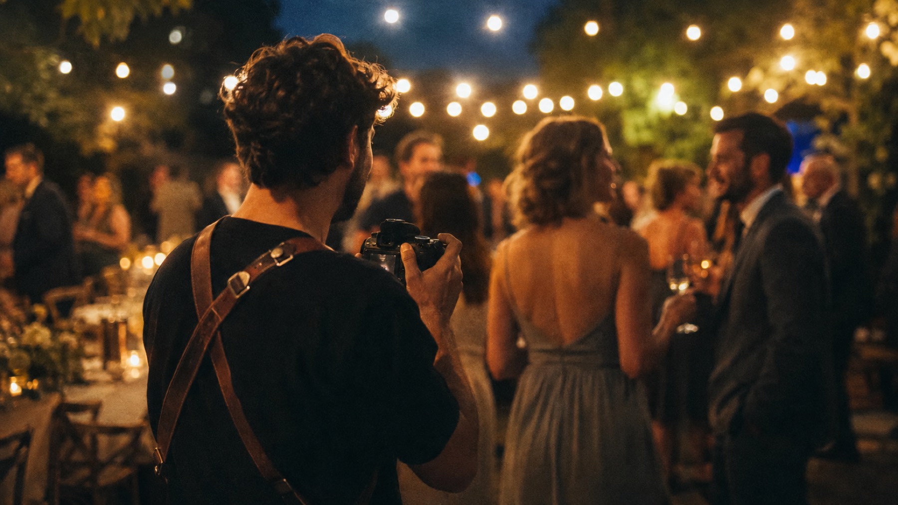 Photographer taking pictures of guests at an evening event, string lights in the background