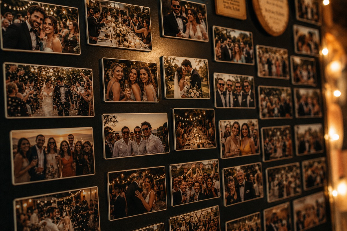 Magnetic wall covered in photo magnets at an evening event
