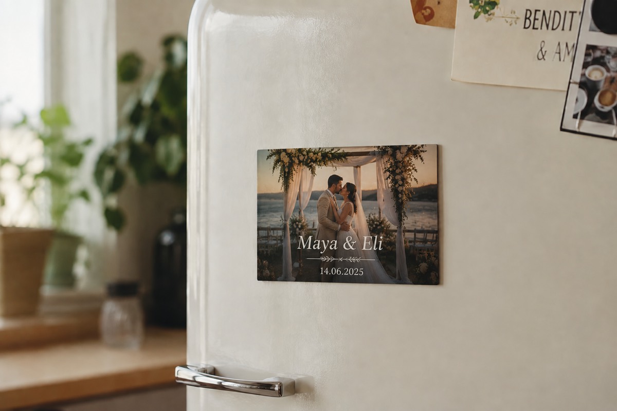Photo magnet on a fridge at home